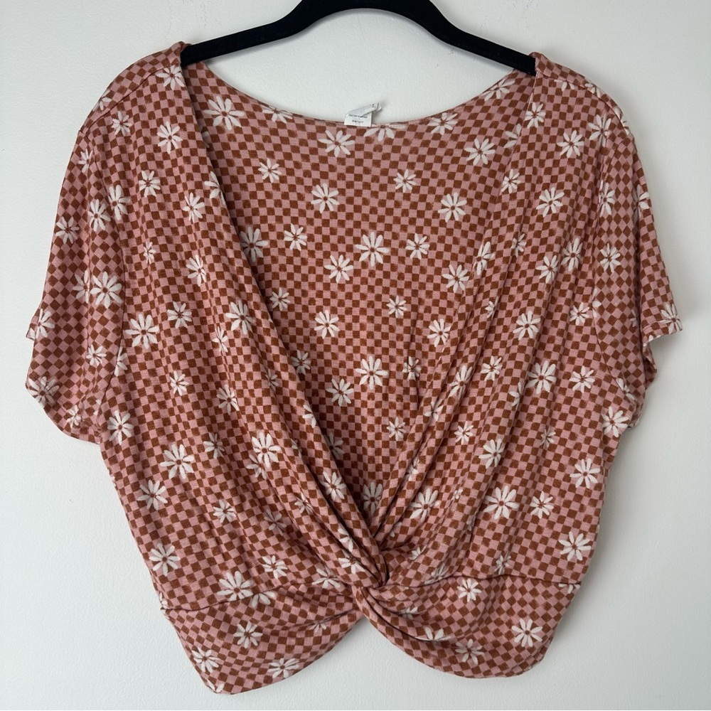 So Women's Crop Top Size XXL Pink Floral Checkered Retro Dopamine Dressing